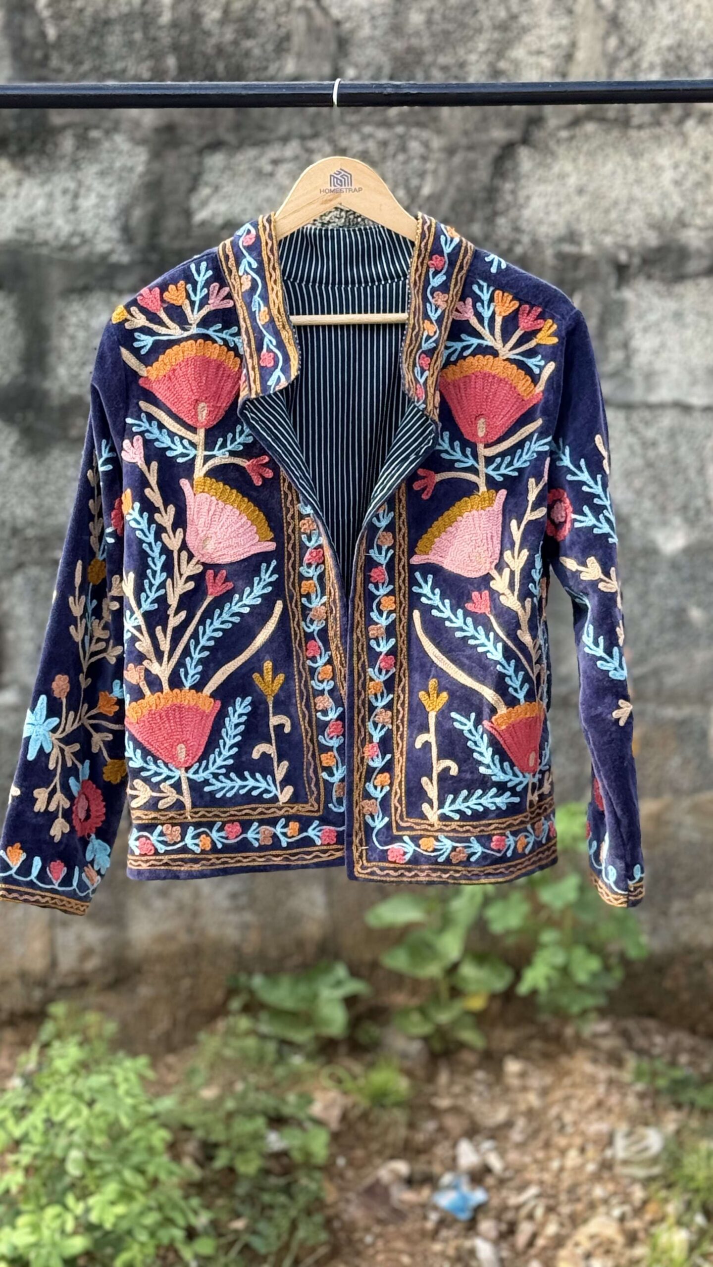 Womens Navy Blue Velvet Embroidered Jacket with Floral Design - Image 5