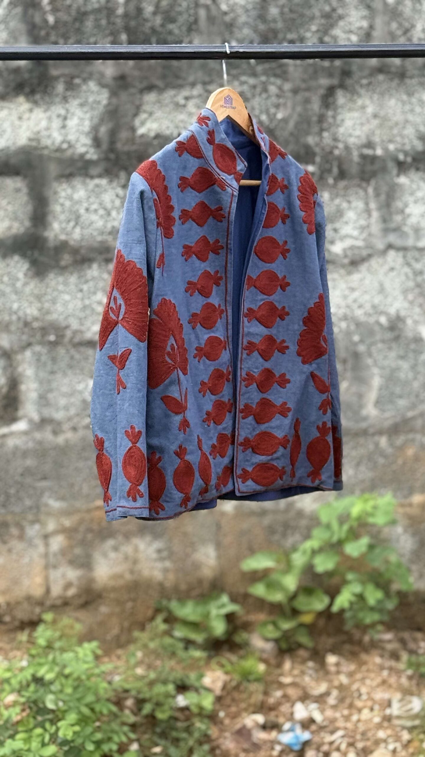 Womens Light Blue Velvet Embroidered Jacket with Floral Design - Image 2